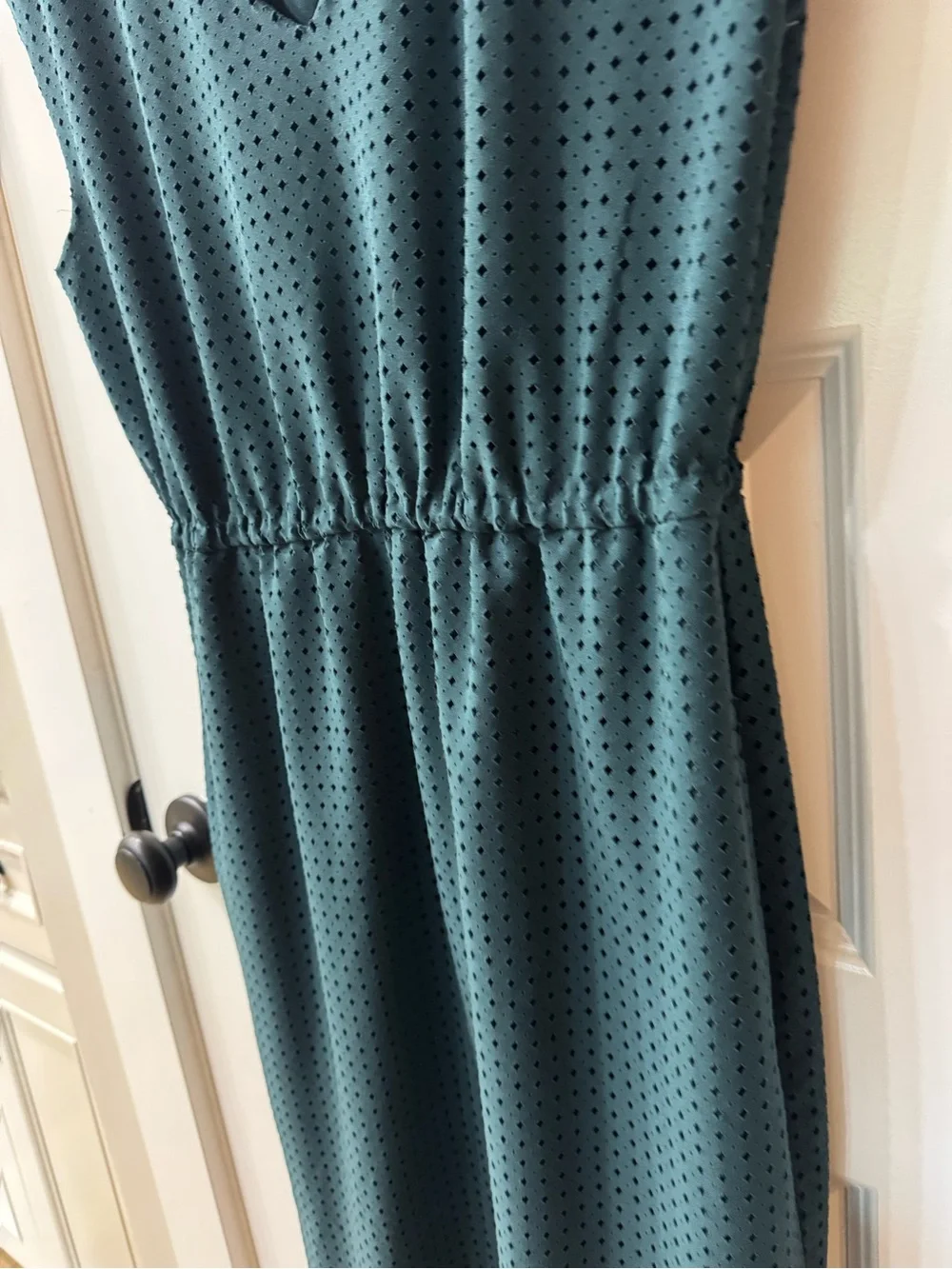 J. Crew Forest Green V-Neck Midi Dress with Subtle Dot Detail